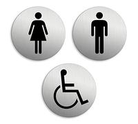 Plaques de Porte - WC Toilettes Hommes Femmes Handicapés Lot de 3 Ø 75 mm Plaque signalétique Aluminium brossé Argent