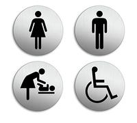 Plaques de Porte - WC Toilettes Hommes Femmes Nurserie Handicapés Lot de 4 Ø 75 mm Plaque signalétique Aluminium brossé