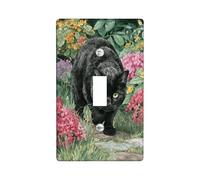 Plaques de protection pour interrupteur de jardin, motif chat noir parmi des fleurs colorées pour accents muraux, plaques murales thermoplastiques, taille standard à bascule simple