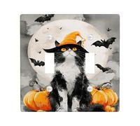 Plaques d'interrupteur d'Halloween en forme de chat - Motif citrouille noire et orange - Pour décoration murale - Plaques murales en thermoplastique - Taille standard - Double bascule