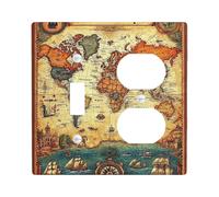 Plaques d'interrupteur vintage avec carte du monde - Tons de terre antique pour décoration d'intérieur, plaques murales thermoplastiques - Taille standard - Duplex à bascule