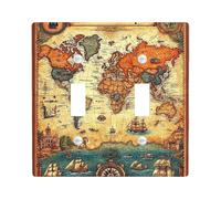 Plaques d'interrupteur vintage avec motif carte du monde - Tons de terre antiques pour décoration d'intérieur - Plaques murales thermoplastiques - Taille standard - Double bascule