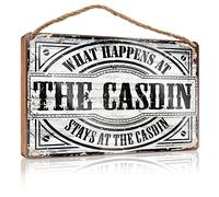 Plaques en bois pour travaux manuels « What Happens At The Casdin Stays At The Wood » - Décoration murale amusante pour salle de bain (15 x 28 cm)