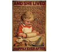 Plaques métalliques décoratives rétro pour la cuisine, avec des motifs d'enfants pétrissant la pâte. Affiches en métal « Et ils vécurent heureux pour toujours » pour la pâtisserie, la cuisine ou la