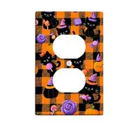 Plaques murales en thermoplastique pour interrupteur d'Halloween motif à carreaux orange et noir avec chatons mignons, plaques murales thermoplastique, prise duplex simple de taille standard