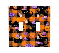 Plaques murales en thermoplastique pour interrupteur d'Halloween motif à carreaux orange et noir avec chatons mignons, plaques murales thermoplastiques de taille standard double