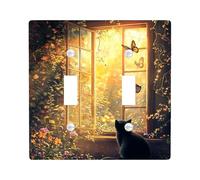 Plaques murales en thermoplastique pour interrupteur inspirées de la nature, doré lumineux de papillons et de chats dans la fenêtre, plaques murales thermoplastique, taille standard double bascule