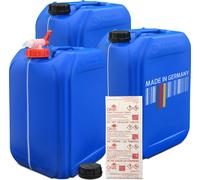 plasteo 3X bidons d'eau de 25 litres bleu avec 1x robinet +10 pastilles d'eau | Graduation par pas de 5 litres | Convient pour aliments | Sans BPA | Agrément pour substances dangereuses | Empilable |
