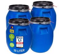plasteo® 4 fûts à couvercle de 30 litres à col large Tonneau à fourrage Tonneau en plastique Tonneau de stockage Tonneau de camping Tonneau de transport Tonneau à moût Tonneau de pluie Etanche à l'air