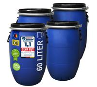 plasteo® 4 x 60 litres Fût à couvercle à col large avec fermeture à serrage Tonneau à fourrage Fût universel Fût de stockage Fût de camping Fût de transport Tonneau à moût Fût de pluie