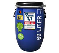 plasteo® 60 litres Fût à couvercle Fût de stockage à col large Fût de transport Fût en plastique Tonneau pour aliments à col large y compris homologation pour produits dangereux