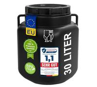 plasteo Baril à col large 30 litres avec couvercle et poignées, rectangulaire, noir, pour aliments et sans BPA, en plastique, universel, pour eau de pluie