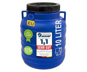 Plasteo baril à large ouverture avec couvercle à visser et poignée, en plastique universel, alimentaire, fût à eau, baril de pluie, de stockage (10 litres, rond, bleu)