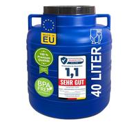 plasteo® Fût à col large de 40 litres, avec couvercle et anse ronde, bleu, convient à un usage alimentaire et sans BPA, tonneau universel en plastique, avec couvercle, tonneau à eau, citerne de