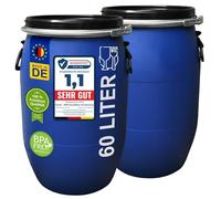 plasteo® Lot de 2 fûts à col large de 60 l avec fermeture à serrage | 100 % adapté à un usage alimentaire | Fût universel | Tonneau à nourriture pour animaux de pluie, maïs, eau potable, camping,