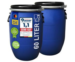 plasteo® Lot de 2 fûts à col large de 60 l avec fermeture à serrage | 100 % adapté à un usage alimentaire | Fût universel | Tonneau à nourriture pour animaux de pluie, maïs, eau potable, camping,