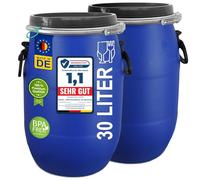 plasteo® Lot de 2 fûts de 30 litres avec couvercle - Convient à un usage alimentaire - Homologation ONU - IKG - En plastique - Fût à col large - Universel - Hermétique - Empilable