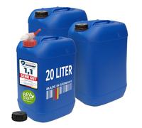 plasteo Lot de 3 bidons à eau de 20 l avec 1 robinet et 3 couvercles à visser (DIN 61), conviennent à un usage alimentaire, sans BPA, portable, bleu