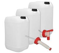 plasteo® Lot de 3 bidons d'eau de 25 litres naturels avec robinet, couvercle à visser et bec verseur flexible (DIN 61) | Convient à un usage alimentaire | Portable | Intérieur et extérieur | Sans BPA
