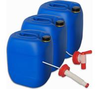 plasteo Set 3 x 30 litres bidons à eau avec 1 robinet + 1 bec verseur flexible et 3 couvercles à vis (DIN 61) | Convient pour aliments | Portable | Intérieur et extérieur | Sans BPA Bleu