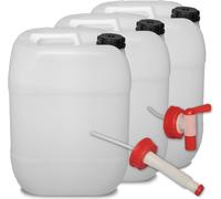 plasteo Set de 3 bidons à eau de 20 litres avec robinet, couvercle à visser et bec verseur flexible (DIN 61) | Convient pour aliments | Portable | Intérieur et extérieur | Sans BPA
