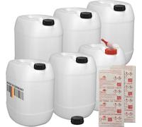 plasteo Set de 6 bidons à eau de 30 litres avec couvercle à visser et 1 robinet verseur (DIN 61) et 20 pastilles de purification d'eau | Convient pour aliments | Portable | Intérieur et extérieur | Sa