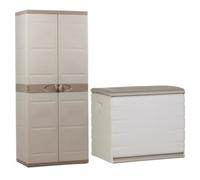 PLASTIKEN Coffre 260L Intérieur/Extérieur Fonctionnel et Esthétique Cadenassable avec Roulettes Beige