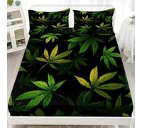 Plat 1 Personne Drap Housse 140x190x30 cm Feuilles De Plantes De Cannabis Doux et Confortable Dessus de lit Respirant Poche de 30 cm Noir Ensembles de literie pour Enfants et Ado