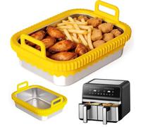 Plat à four Airfryer accessoire en acier inoxydable pour friteuse à air chaud COSORI & Ninja AF400EU/AF500EU/SL400EU/DZ400EU, sans BPA, anneau en silicone amovible, passe au lave-vaisselle (jaune sans