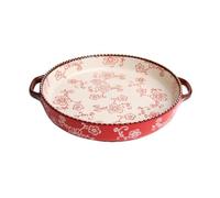 Plat à four en céramique Moule à pâtisserie rond double poignée, peint la main, fleurs de cerisier, bord perlé, for cuisson desserts et pizzas Poêle à four(Red,Petit)