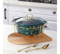 Plat à Fruits Ronds Ensemble Buffet Set Ceramics Food Warmer Chafer avec Couvercle en Verre, Chauffeurs et Buffet Ensembles pour Les Mariages Banquets Fêtes, Green-M