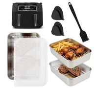 Plat à gratin en acier inoxydable pour friteuse à air chaud Ninja, Cosori, Philips, avec égouttoir, pinceau à huile et 2 clips en silicone - Accessoire idéal pour friteuse à air chaud - 20 x 15,3 x 5