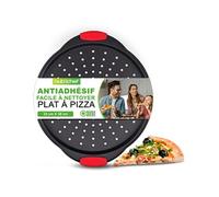 NutriChef Plaque à Pizza Antiadhésive - avec Poignée en Silicone, Pan Rond en Acier Non-adhésif avec Trous Perforés, Ustensiles de Cuisine de Qualité, Plaque à Pizza avec Poignée Silicone et Poignée