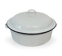 Plat à rôtir en émail blanc de 26 cm de diamètre avec bordure bleu marine | Fourni avec couvercle assorti | Vaisselle | Cocotte à rôtir | Style classique traditionnel | Plat de cuisson
