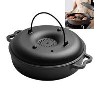 Plat à rôtir en fonte pour four, poêle à barbecue d'extérieur avec couvercle - Cocotte ronde compatible avec barbecue, cuisinière, pâtisserie, légumes grillés, ailes de poulet, patates douces (27 x 22