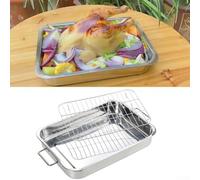 Plat à rôtir profond en acier inoxydable avec grille pour cuisson au four et rôtir - 39 x 28 x 6 cm - Plat robuste - Poli miroir - Lave-vaisselle S (39 x 28 x 6 cm)