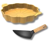 Plat à tarte D29.5 cm COOKUT mangue, un coupe tarte et un livre de recette
