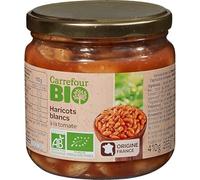 Plat complet prêt à réchauffer avec les Haricots blancs à la tomate Bio CARREFOUR BIO, origine France, bocal de 446mL - Lot de 4