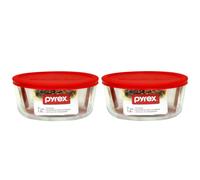 Plat de conservation rond Pyrex Storage Plus de 7 tasses avec couvercle en plastique rouge, lot de 2 contenants transparents rouges