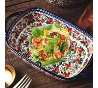 Plat de cuisson, plat à four en céramique résistant à la chaleur de 1900 ml avec deux poignées, lasagnes rectangulaires imprimé marguerite, cocottes lavables antidérapantes pour four cuisine, décor