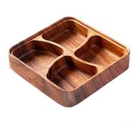 Plat de service carré en bois de noyer avec 4 compartiments pour servir des fruits secs, des noix, des bonbons ou des apéritifs