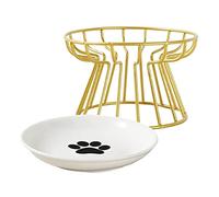 Plat pour Chat surélevé en céramique avec Support en métal, Assiette pour Chat en céramique Anti-vomissement, Bol surélevé avec Support pour et Petits Chiens, doré, Assiette pour Pattes