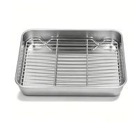 Plat Rectangulaire en Inox avec Grille, Ensemble Plat de Cuisson et Grille de Refroidissement, Rôtissoire pour Four, Lèche-Frite pour Poulet, Boeuf, Légumes(23.5 * 17.5 * 5CM)