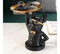 Plateau à bijoux en forme de statue de bouledogue - Statuette décorative avec plateau en acier inoxydable pour rangement de bureau et décoration d'intérieur, décoration verte multifonctionnelle