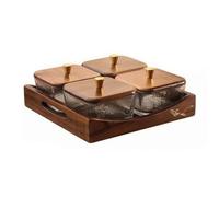 Plateau à Collation avec Coupelles Verre, Style Chinois Rétro, Plateau Rectangulaire À Quatre Compartiments Carrés avec Coupelle en Verre Et Couvercles en Bois, Color to 2