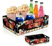 Plateau à collation cinéma en bois, 3 compartiments pour pop-corn, boissons et collations, plateau de service avec poignées pour soirées cinéma, pour famille, rendez-vous et fêtes