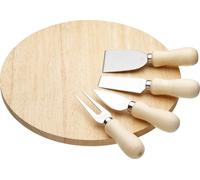 Plateau à fromage rond en bois avec couteaux et fourchettes