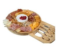 Plateau à fromage rond et planche à charcuterie - Plateau à fromage rond en bambou - Planches à fromage pour charcuterie - Coffret cadeau - Planche à fromage en bois avec couteaux - Plateau à fromage