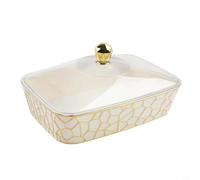 Plateau à fruits avec couvercle en plastique transparent avec motif de pierre doré et élégant, rectangulaire et rond, polyvalent pour le rangement (27,5 x 19 x 13,5 cm blanc et doré)