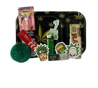 Plateau à Rouler Noir 24 x 15 cm + Grinder + Etui Feuilles Slim + Feuilles Slim + Tips + Briquet + Pochette + 4X Stickers - Cadeau pour Les Fumeurs - Boite Fumeur